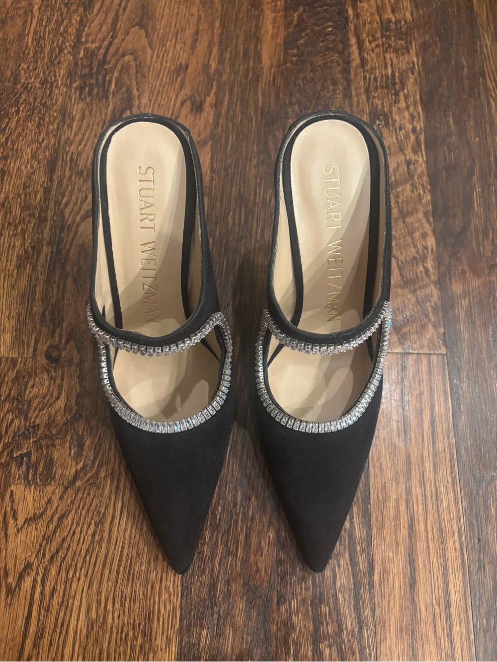 Stuart Weitzman Black Pointed Toe Embellished Mule